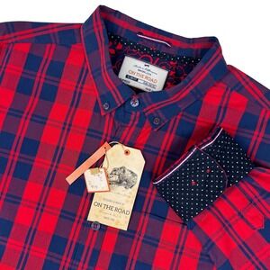 NEW On The Road Button Down‎ Shirt Mens Plaid Slim Fit Red Blue XL 44 Academia